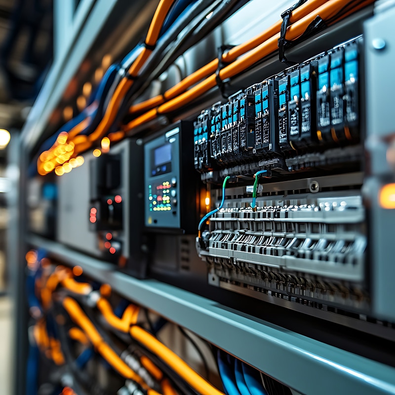 Câblage industriel: Panneau électrique d'automatisation. Panneau électrique industriel avec câblage orange/bleu, modules de contrôle et borniers, montrant une infrastructure d'automatisation complexe.