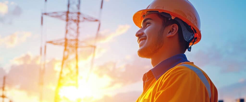 Jeune ingénieur souriant en casque orange et gilet fluo devant un pylône électrique au coucher du soleil.