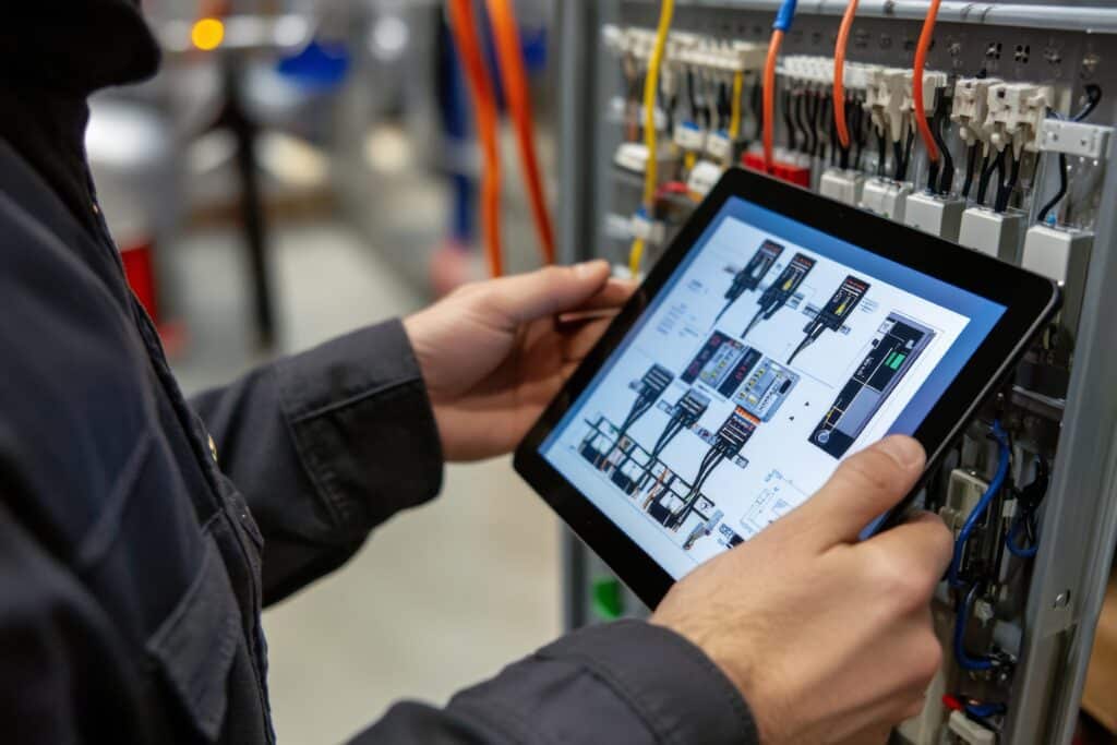 Maintenance Industrielle : Schémas Électriques sur Tablette Technicien consulte un schéma électrique sur tablette devant un tableau de commande câblé avec des fils colorés. Maintenance industrielle.
