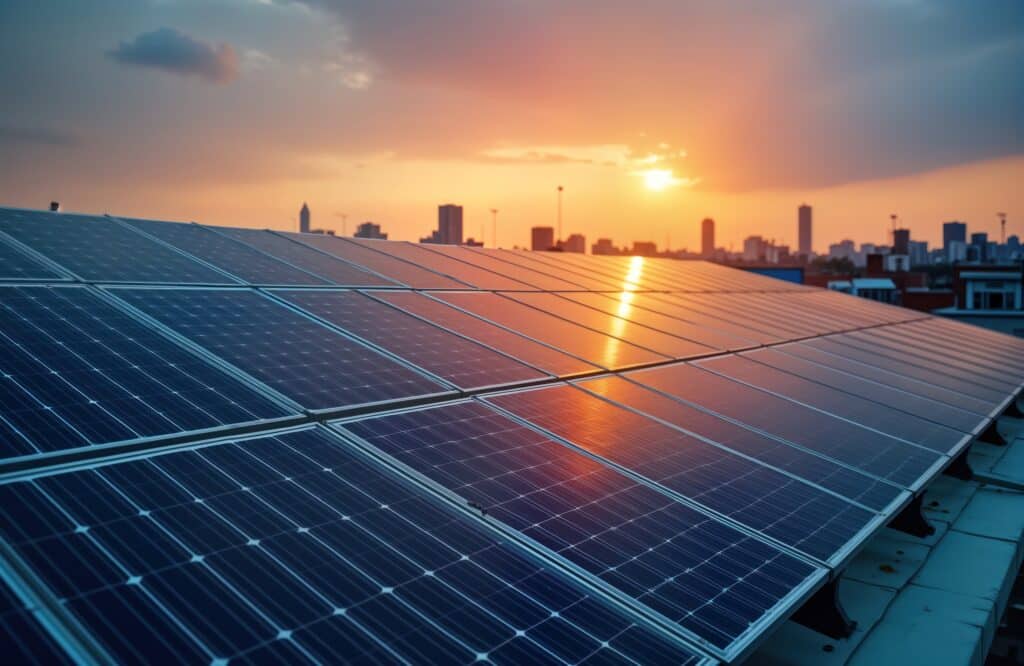 Panneaux solaires: Énergie verte sous un coucher de soleil Panneaux solaires sur un toit urbain au coucher du soleil, reflétant les teintes orange du ciel. Ville en arrière-plan.